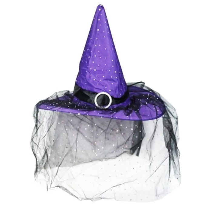 Cadılar Bayramı Dantelli Mor Cadı Şapka