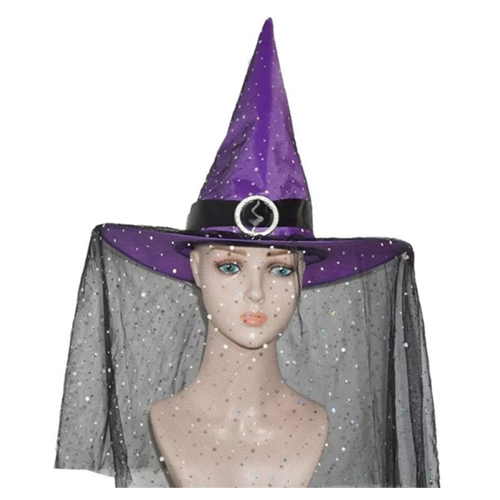 Cadılar Bayramı Dantelli Mor Cadı Şapka