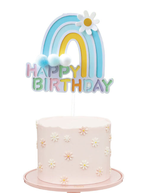 Gökkuşağı Desenli Ponponlu Çubuklu Pasta Üstü Süsü