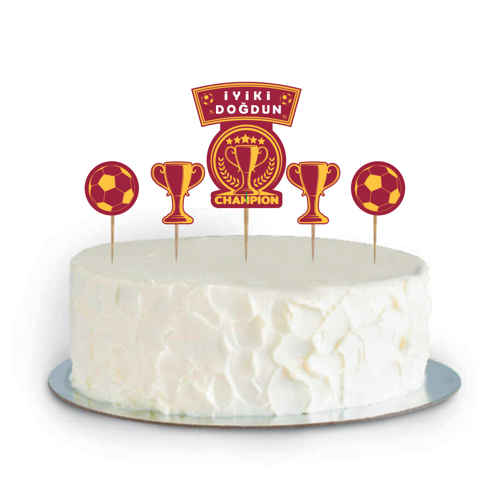Şampiyon Temalı Sarı Kırmızı Pasta Süsleme Seti 5 Parça