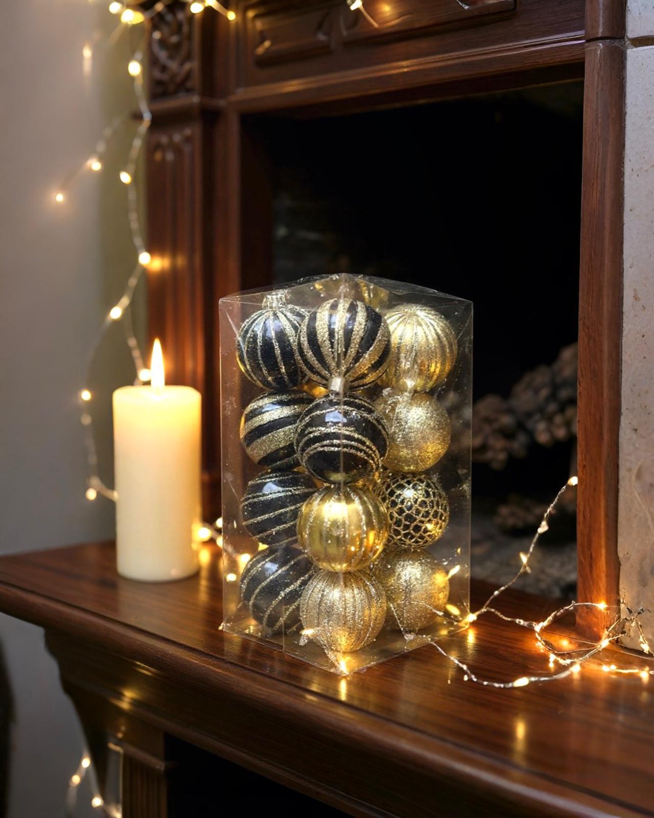 Yılbaşı Ağacı Siyah Gold Desenli Top Süs16 Lı 6 CM