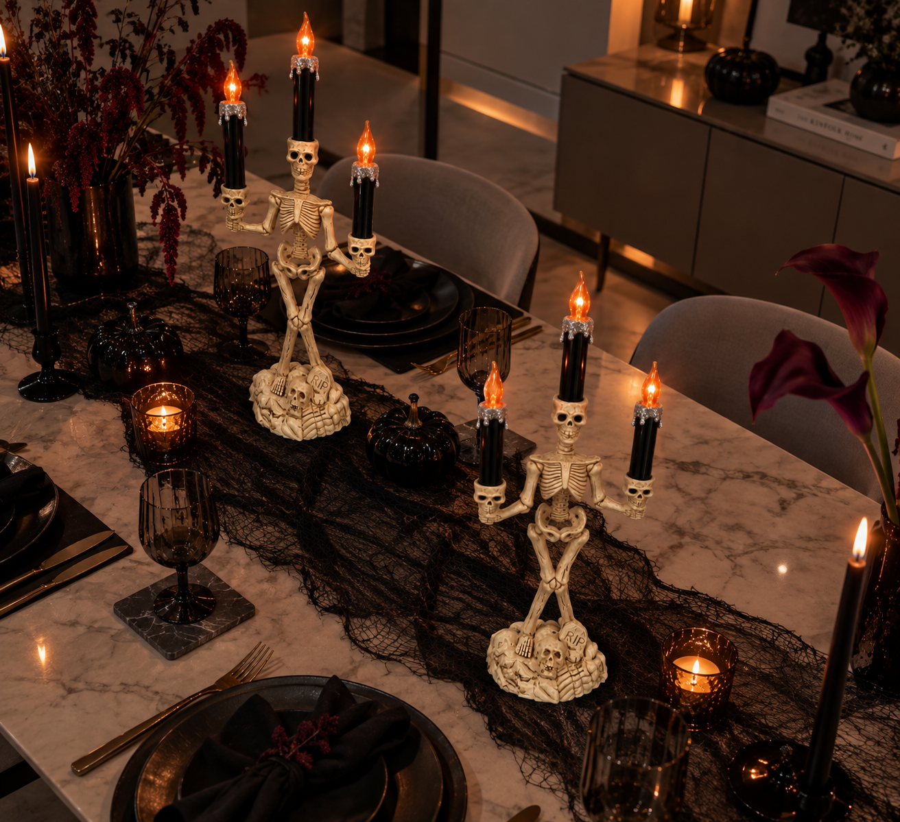 Mini İskelet Şamdan LED Mumlu Halloween Dekoru