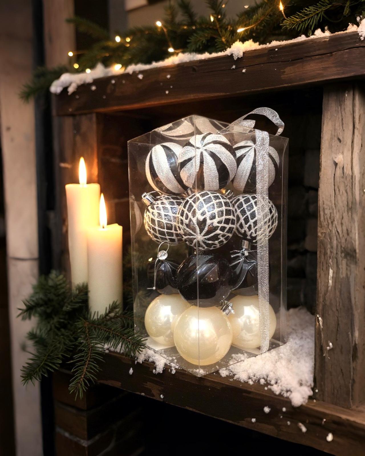 Yılbaşı Ağacı Siyah Beyaz Renkli Desenli Top Süs 6 CM