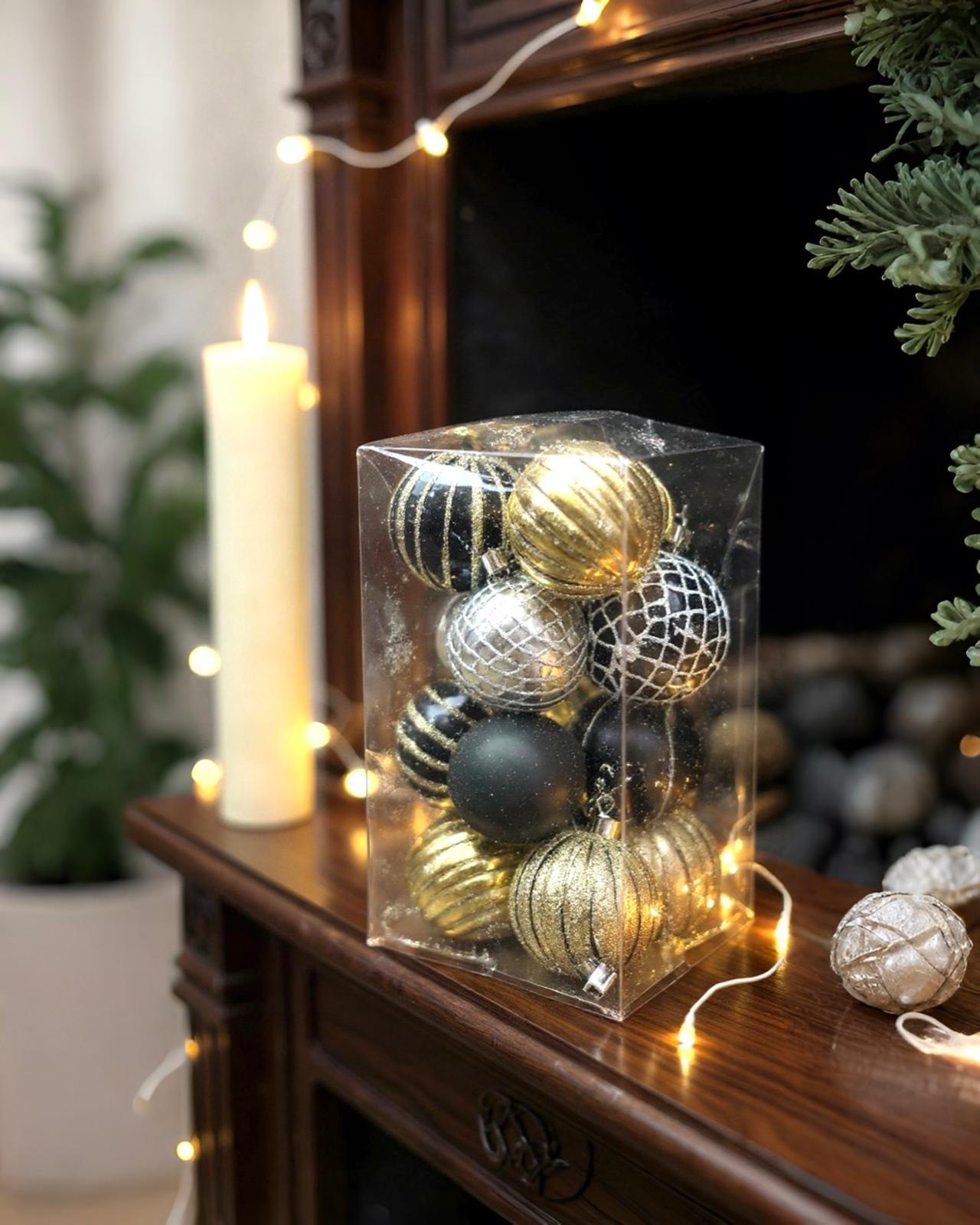 Yılbaşı Ağacı Siyah Gold Desenli Top Süs16 Lı 6 CM