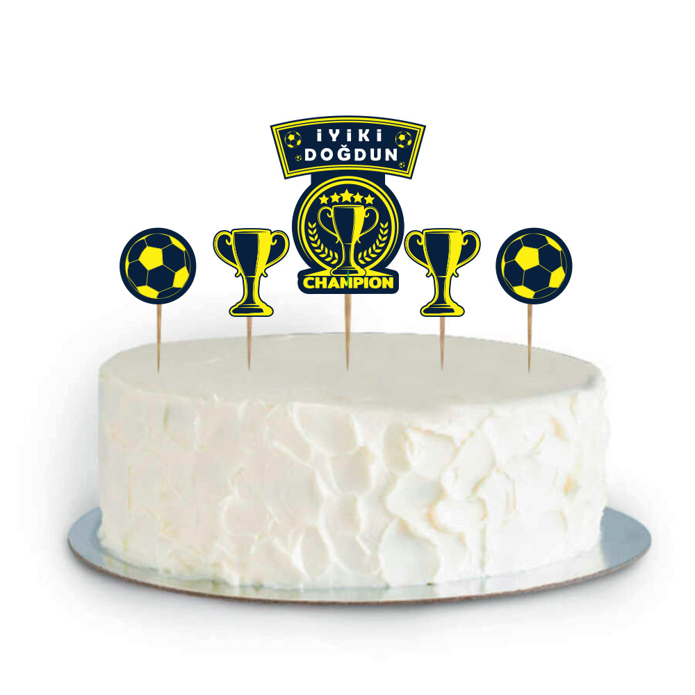 Şampiyon Temalı Sarı Lacivert Pasta Süsleme Seti 5 Parça