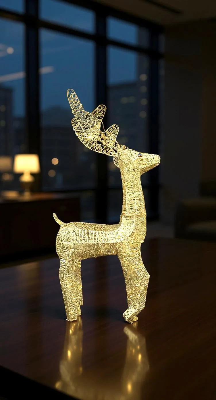 80 CM Işıklı Geyik Simli Gold  Yılbaşı Dekor Metal