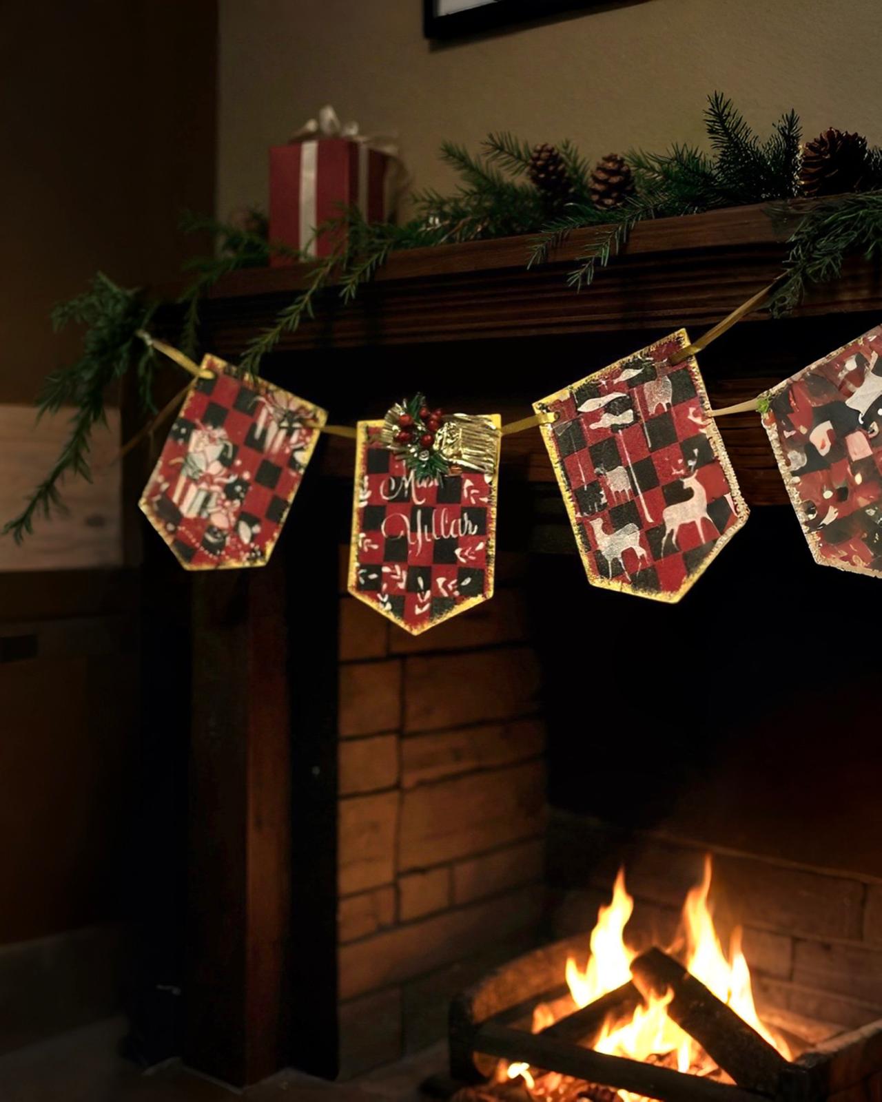 Ahşap Yılbası Şomine Asma Sus Kırmızı