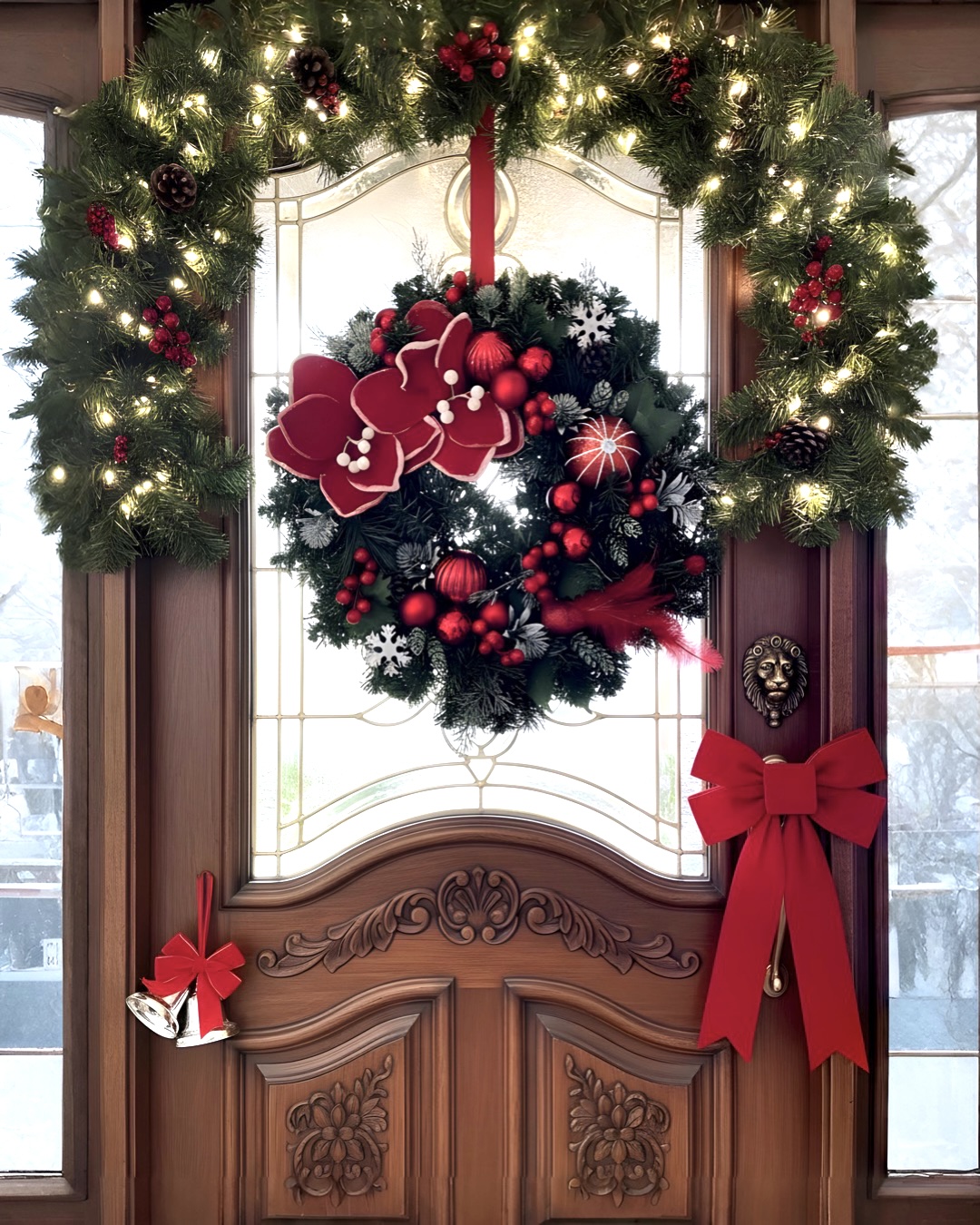 Yılbaşı Kapı Süsü Manolyalı Yuvarlak Kapı Çelengi 45 cm