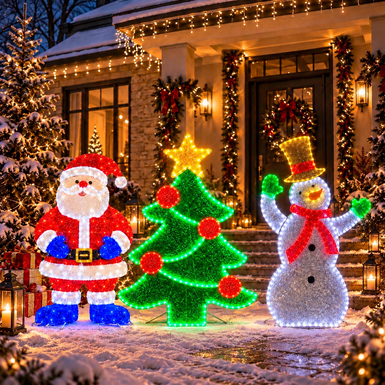 3’lü LED Işıklı Yılbaşı Pano Seti Noel Baba Ağaç Kardan Adam 125 cm