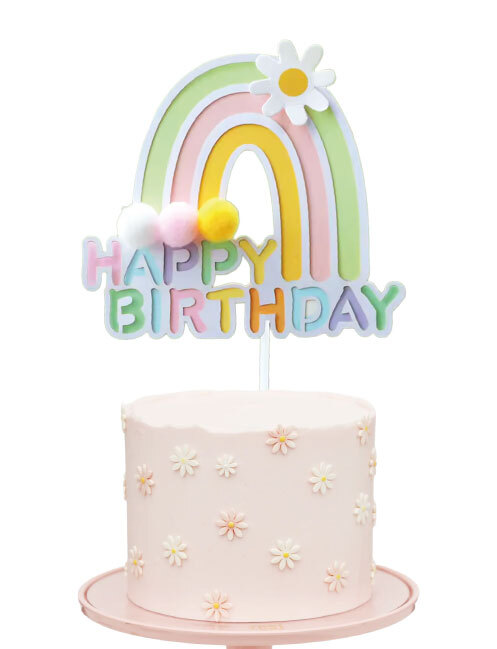 Gökkuşağı Desenli Ponponlu Çubuklu Pasta Üstü Süsü