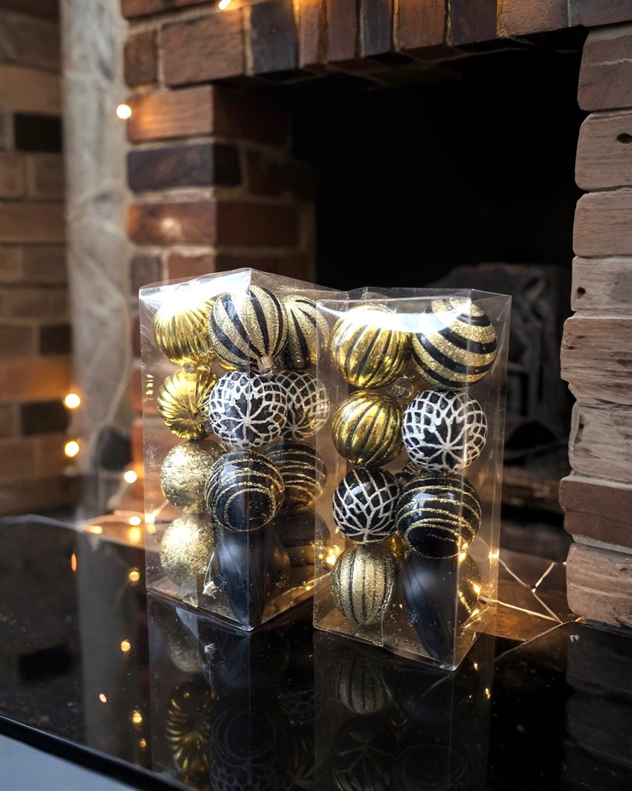 Yılbaşı Ağacı Siyah Gold Desenli Top Süs16 Lı 6 CM