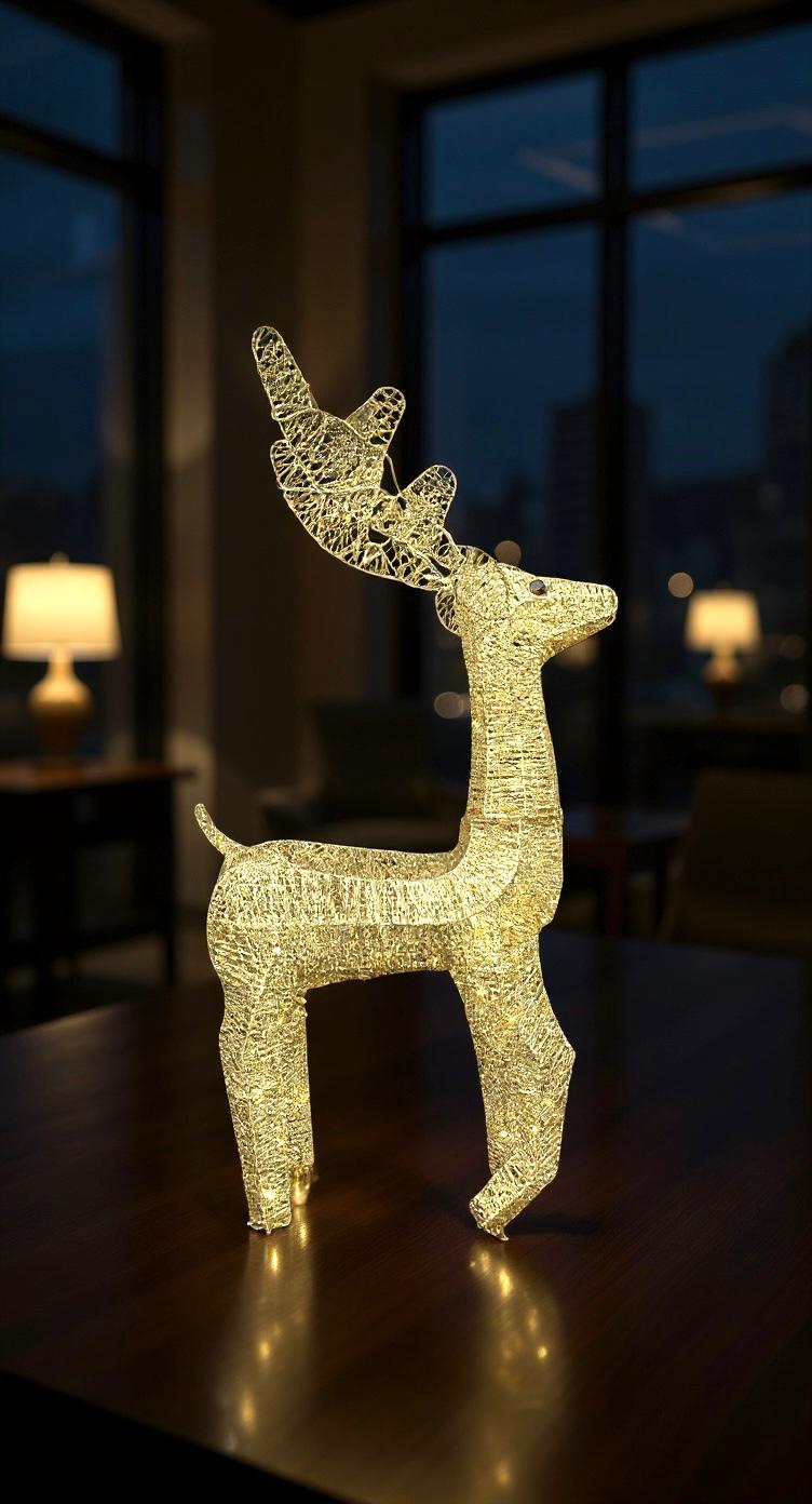 80 CM Işıklı Geyik Simli Gold  Yılbaşı Dekor Metal