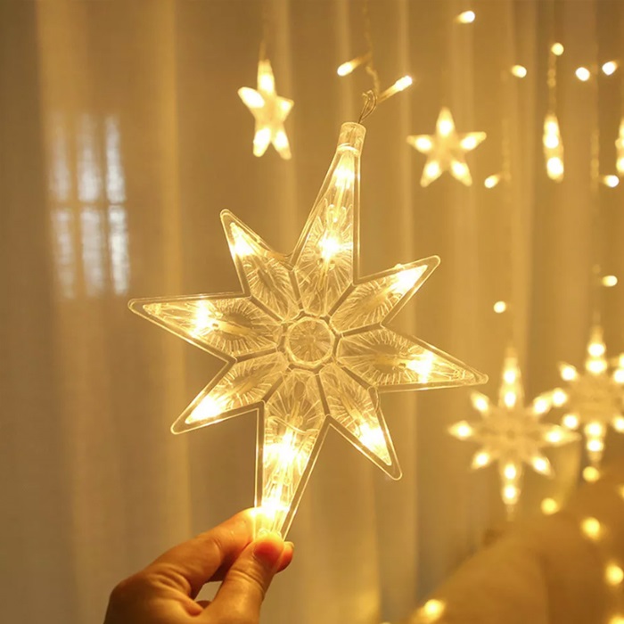 Kar Taneli Yıldız Perde Led Işık Eklemeli