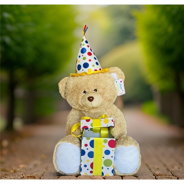 Oturan Hediye Kutulu Peluş Ayı