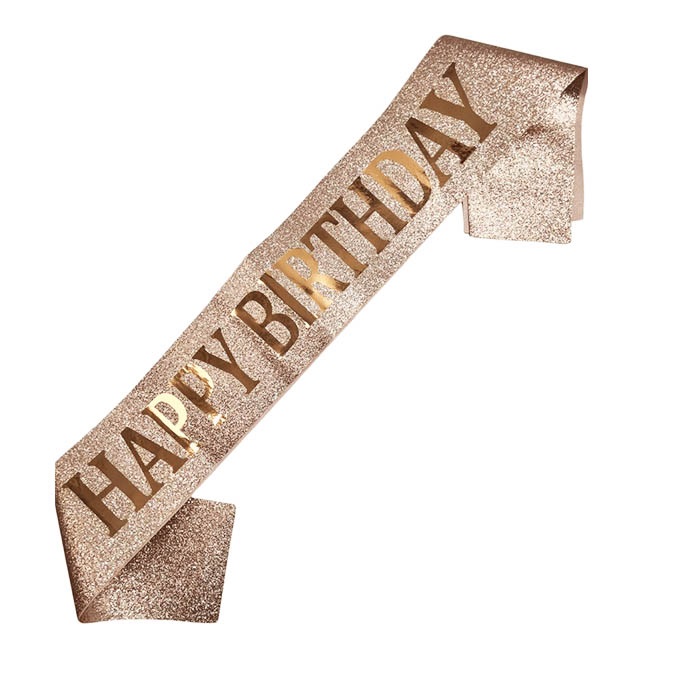 Simli Happy Birthday Rose Gold Kuşak