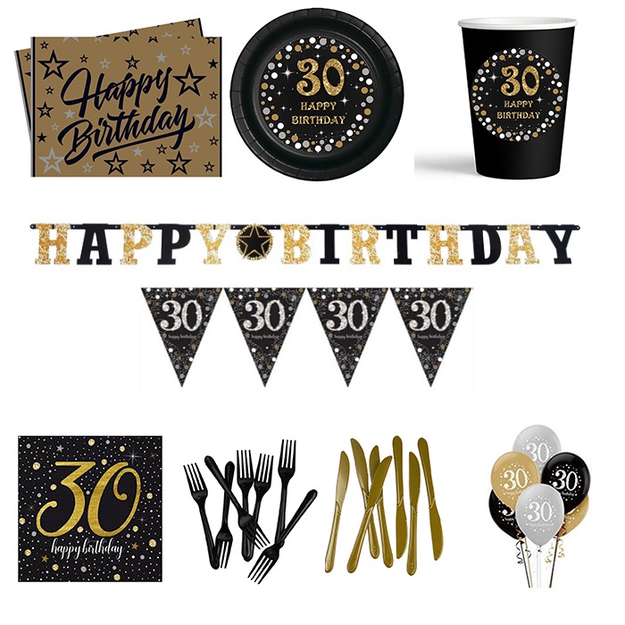 30 Yaş Temalı Siyah Parti Seti 8 Kişilik