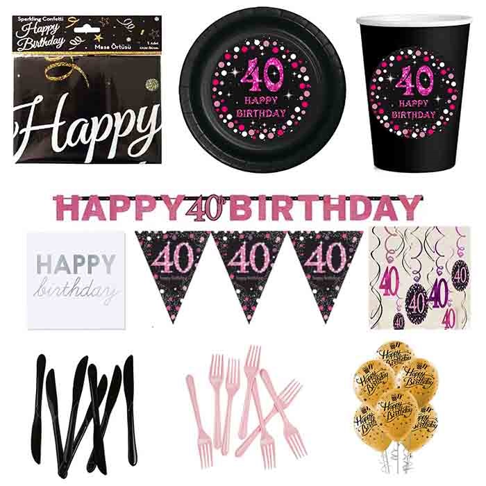 40 Yaş Temalı Pembe Parti Seti 16 Kişilik