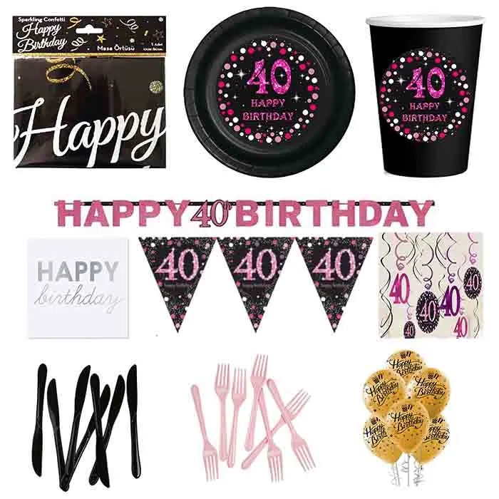 40 Yaş Temalı Pembe Parti Seti 16 Kişilik
