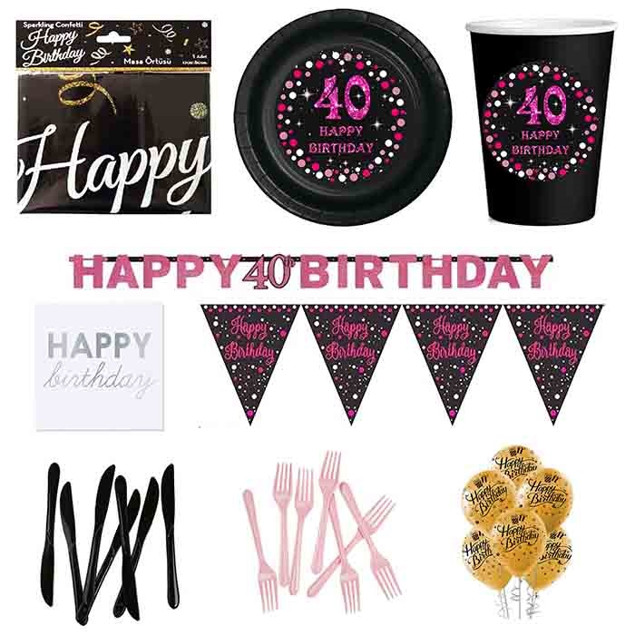 40 Yaş Temalı Pembe Parti Seti 8 Kişilik
