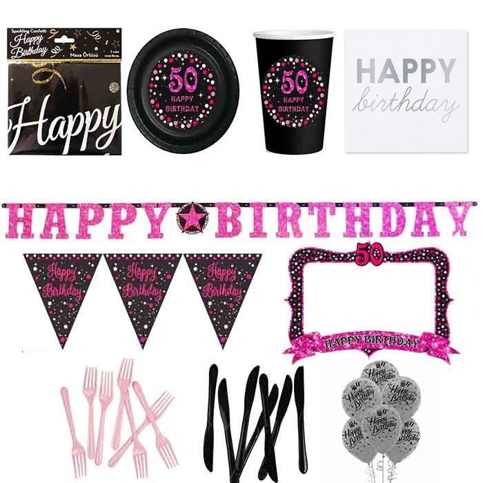 50 Yaş Temalı Pembe Parti Seti 16 Kişilik