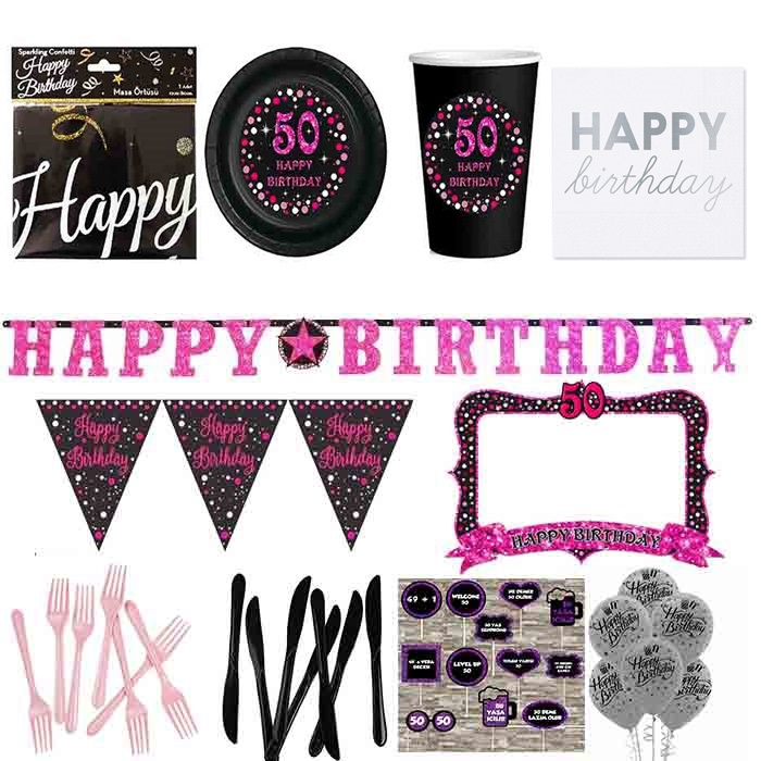50 Yaş Temalı Pembe Parti Seti 24 Kişilik