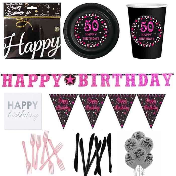 50 Yaş Temalı Pembe Parti Seti 8 Kişilik