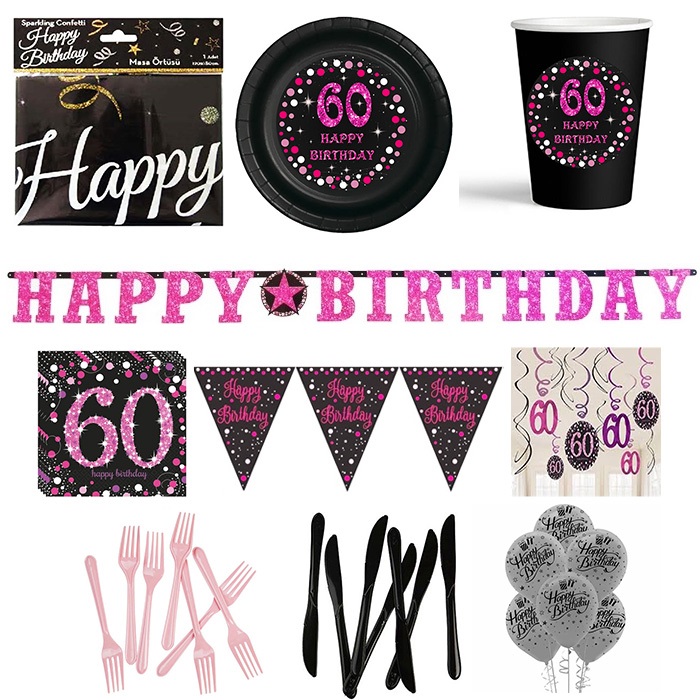 60 Yaş Temalı Pembe Parti Seti 16 Kişilik