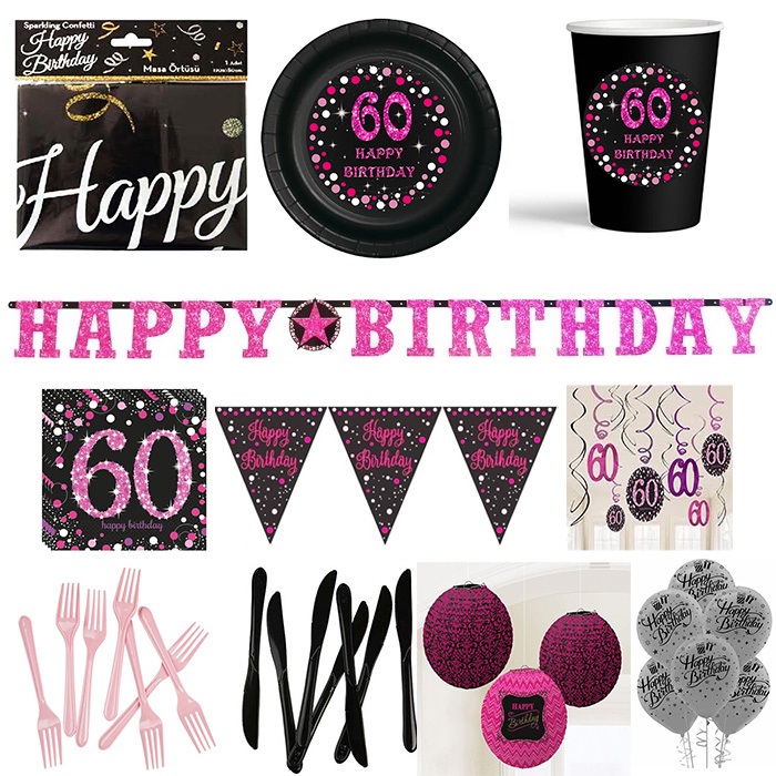 60 Yaş Temalı Pembe Parti Seti 24 Kişilik