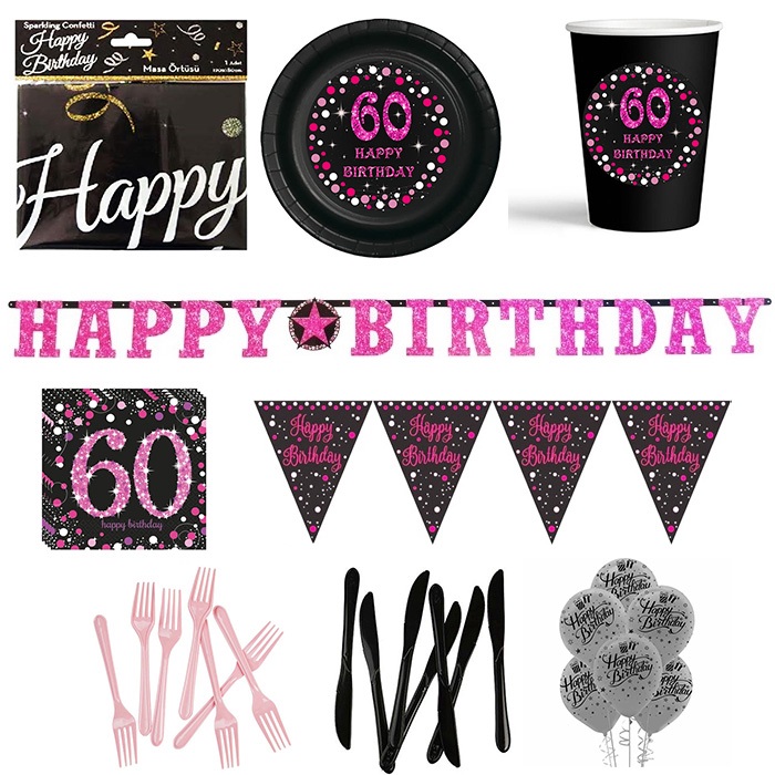 60 Yaş Temalı Pembe Parti Seti 8 Kişilik