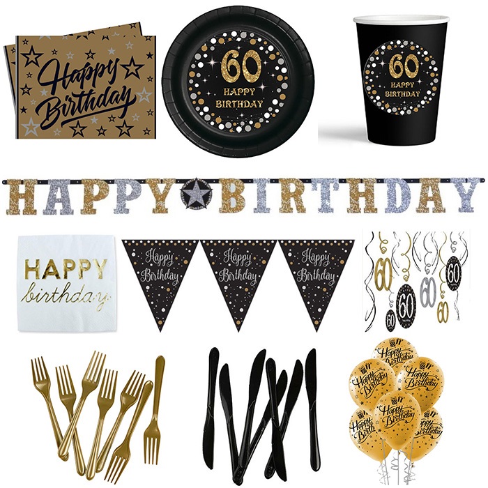 60 Yaş Temalı Siyah Parti Seti 16 Kişilik