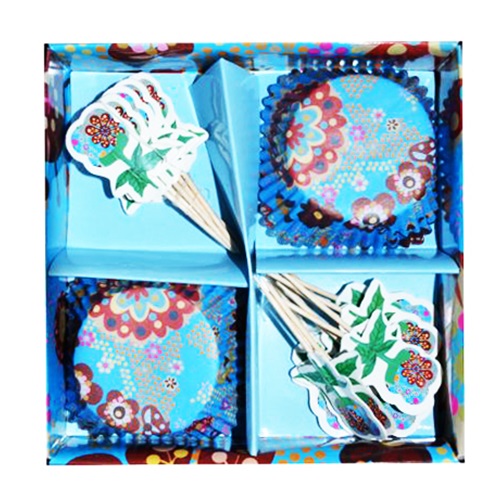 Mavi Çiçek Desenli Cupcake Ve Kürdan Takımı