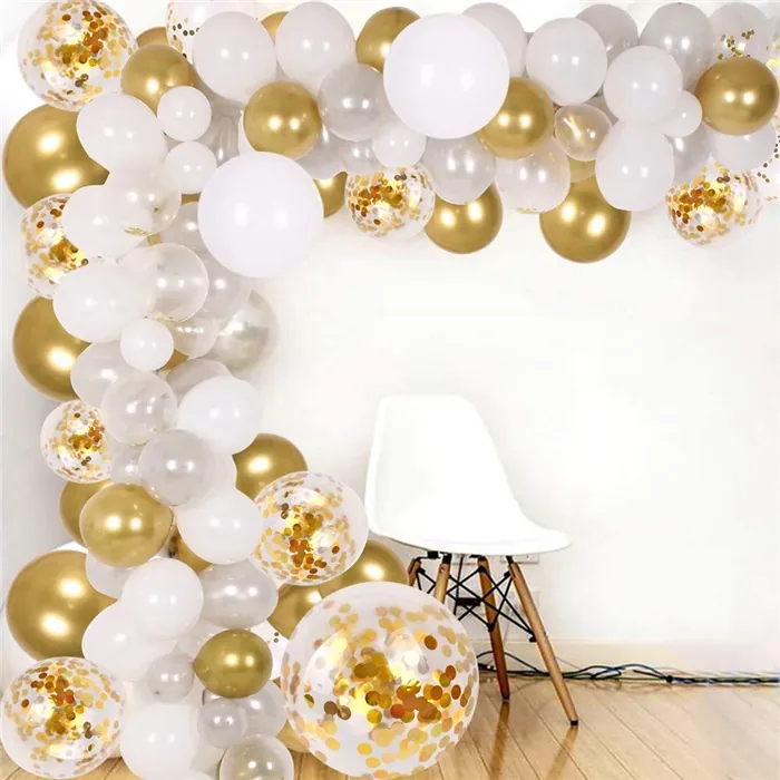 Beyaz Gold Konfetili Zincir Balon Seti