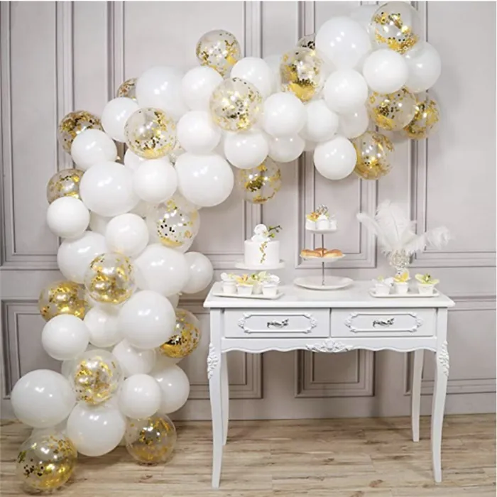 Beyaz Gold Renkli Konfetili Zincir Balon Seti