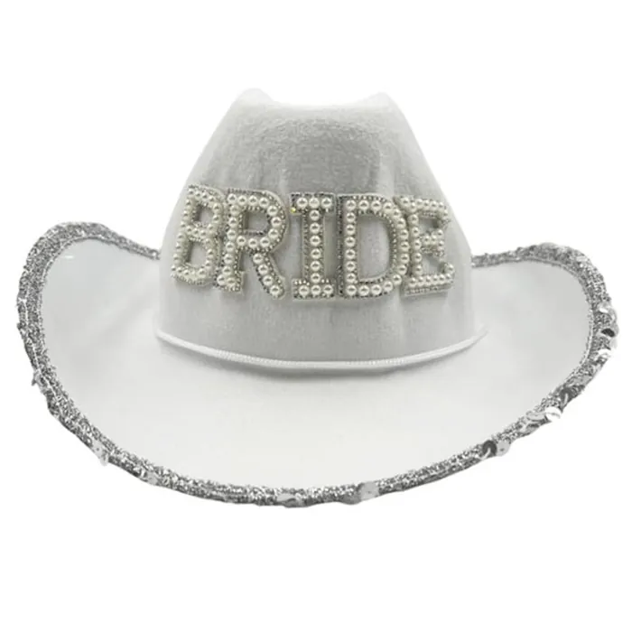 Beyaz Bride Taşlı Lüks Kovboy Şapka