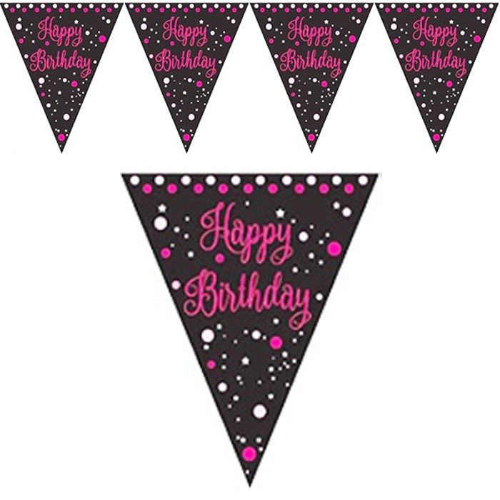 Fuşya Renkli Happy Birthday Bayrak Flama