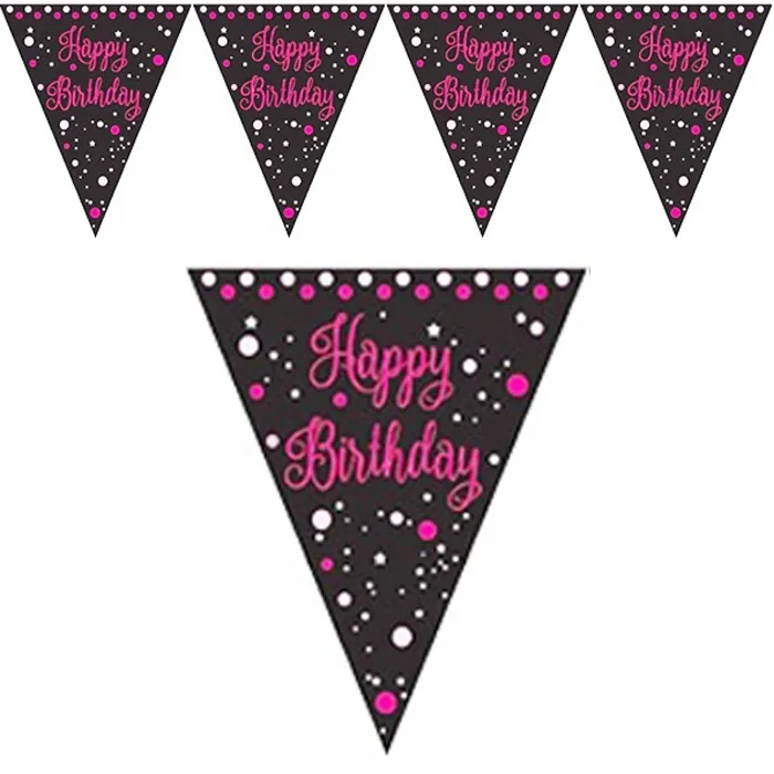 Fuşya Renkli Happy Birthday Bayrak Flama