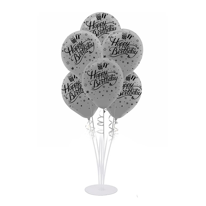 Gümüş Happy Birthday Balon Standı