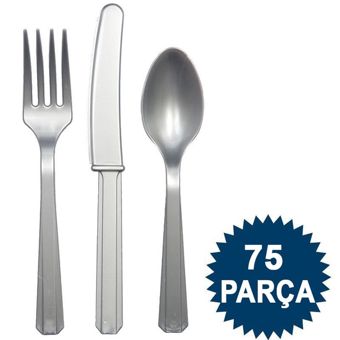 Gümüş Plastik Çatal Bıçak Kaşık Seti