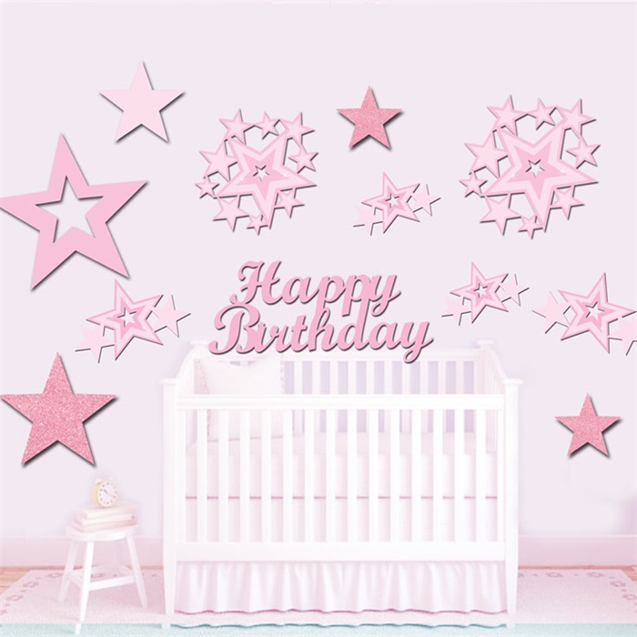 Pembe Happy Bırthday Yıldız Duvar Dekor Süsü