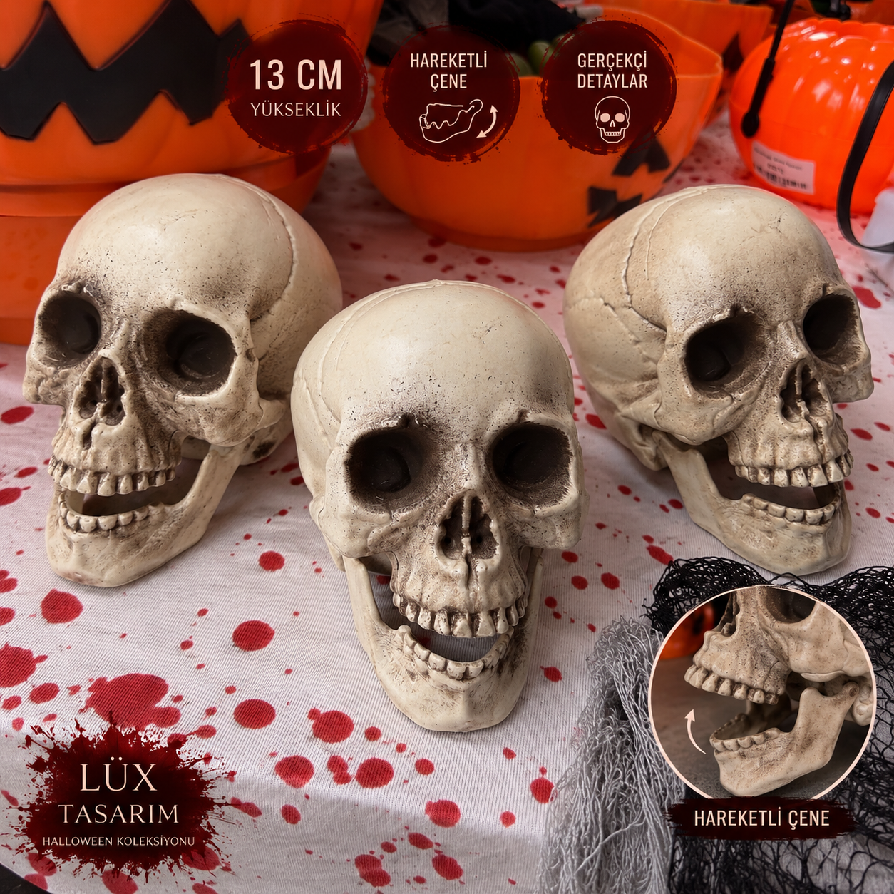 Hareketli Çeneli İskelet Kafası 13 cm Lüks Halloween Dekoru