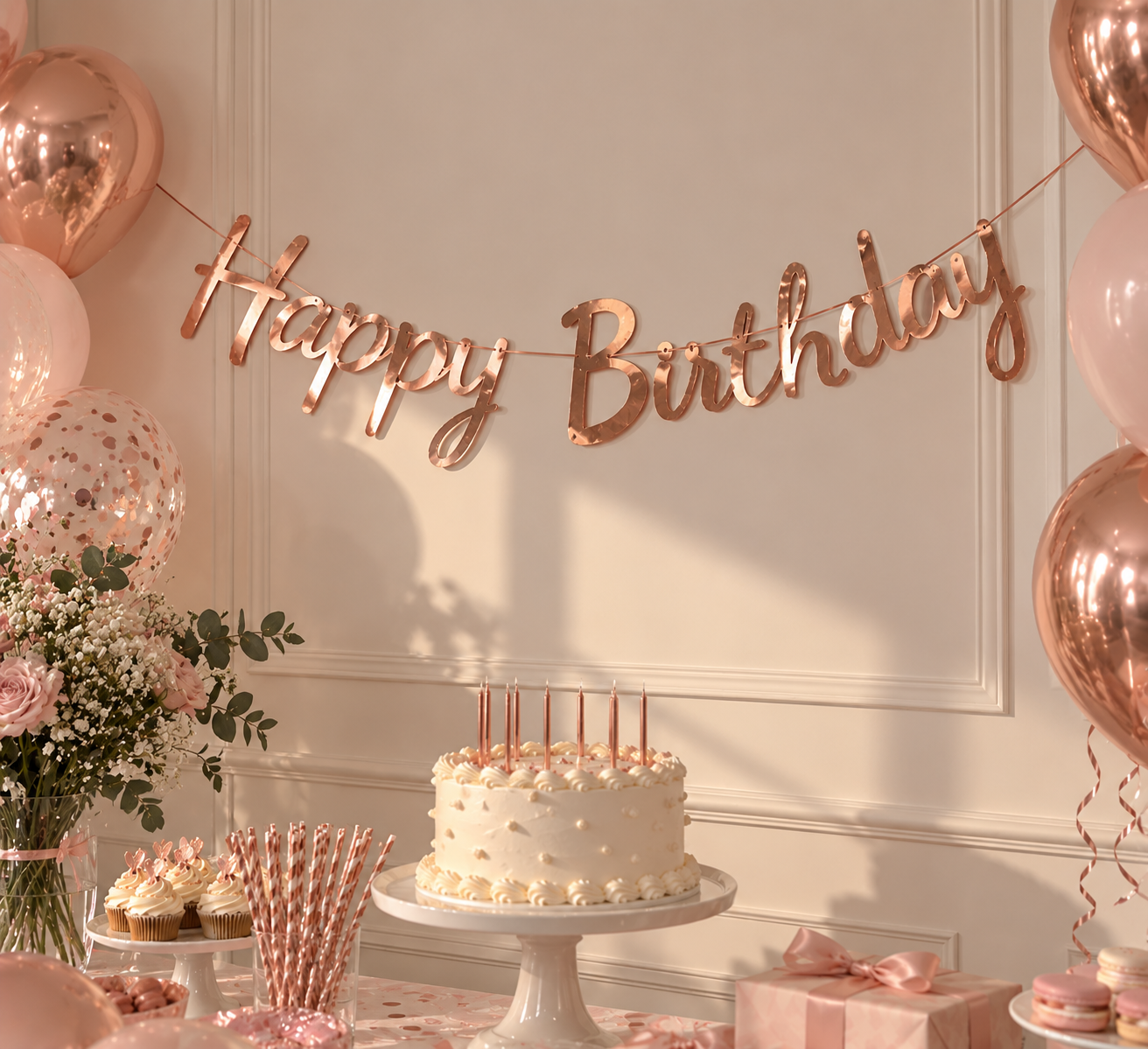 Rose Gold Metalize Happy Birthday Kaligrafi Banner