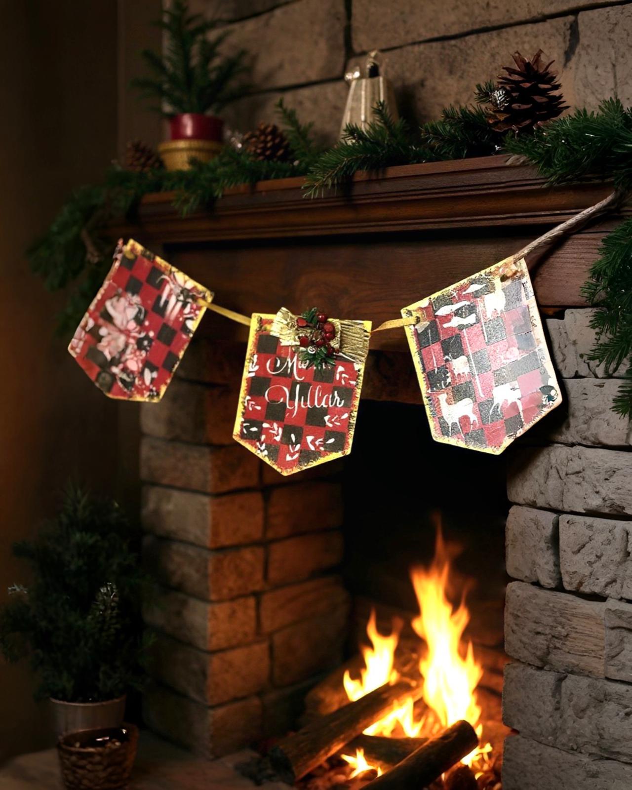 Ahşap Yılbası Şomine Asma Sus Kırmızı