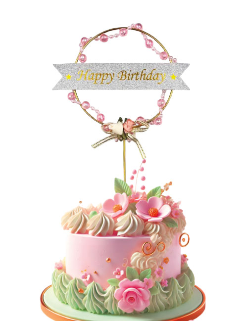 İncili Gold Halka Happy Birthday Pasta Üstü Süs Çiçek Detaylı