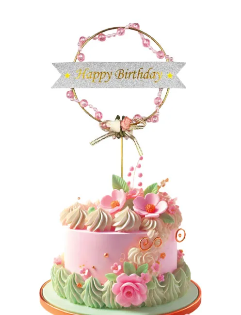 İncili Gold Halka Happy Birthday Pasta Üstü Süs Çiçek Detaylı