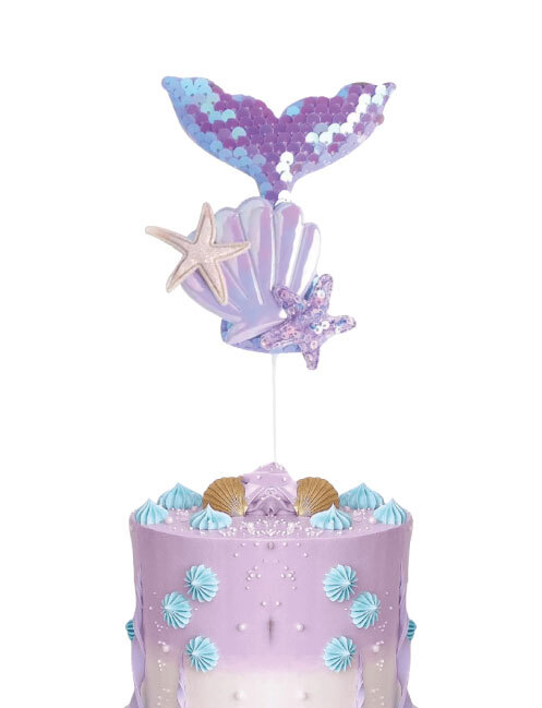 Deniz Kızı Kuyruğu ve Deniz Kabuğu Detaylı Pasta Üstü Süs (Lila – Mavi)