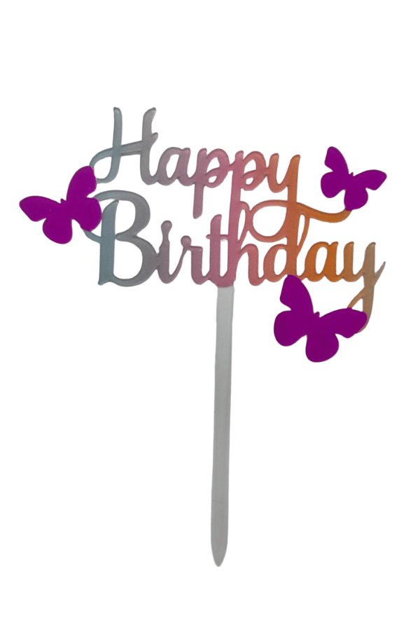 Pasta Üstü Çubuklu Happy Birthday Kelebek Renkli