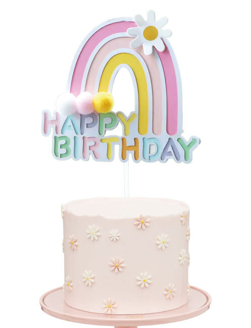 Gökkuşağı Desenli Ponponlu Çubuklu Pasta Üstü Süsü