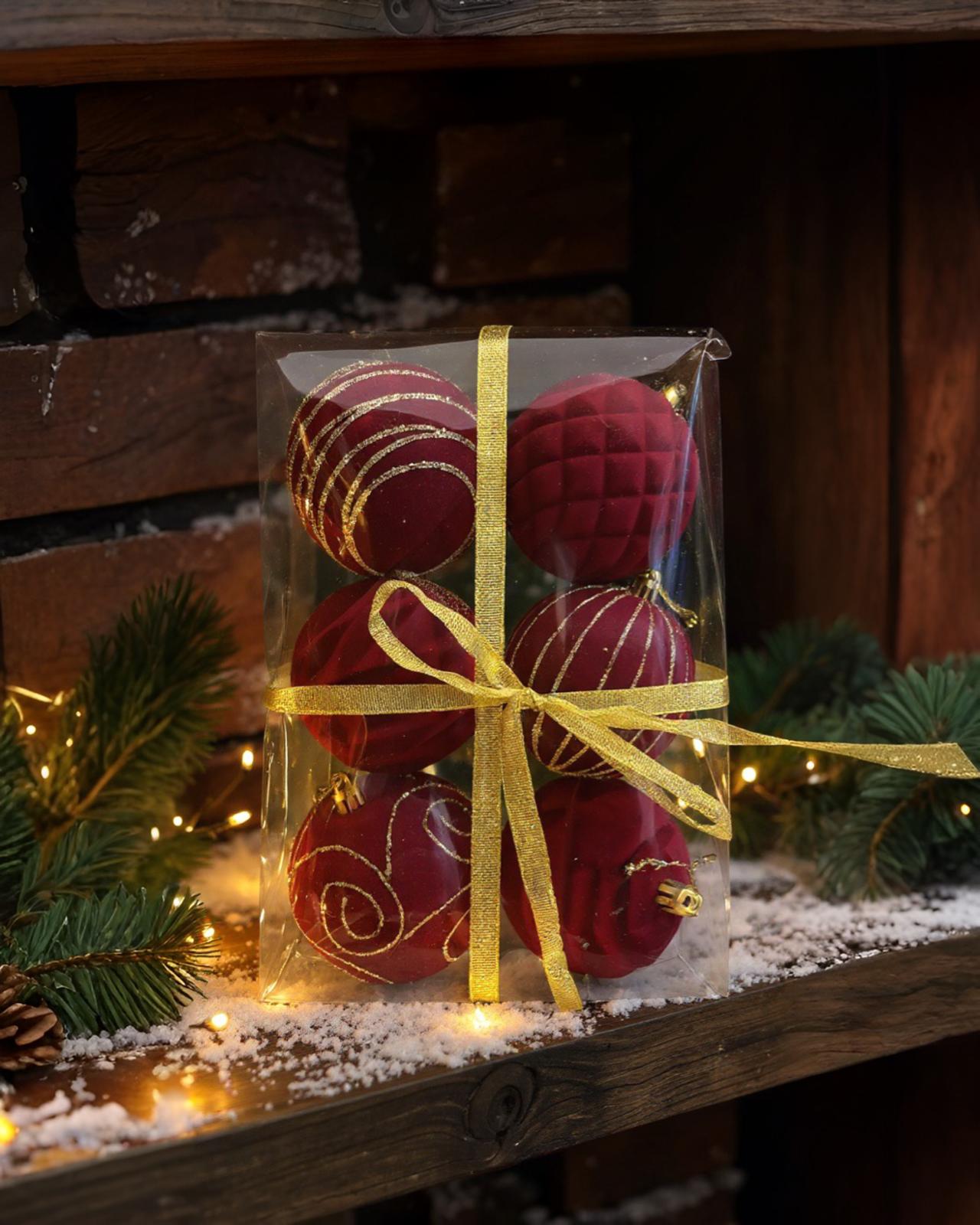 Yılbaşı Ağacı Kadife Bordo 6li Top Süs 8 cm