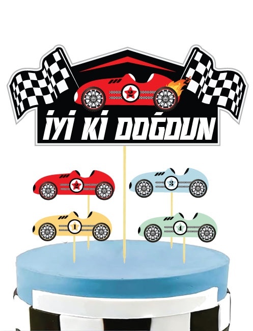 Yarış Arabaları Temalı Pasta Üstü Süsü 5’li