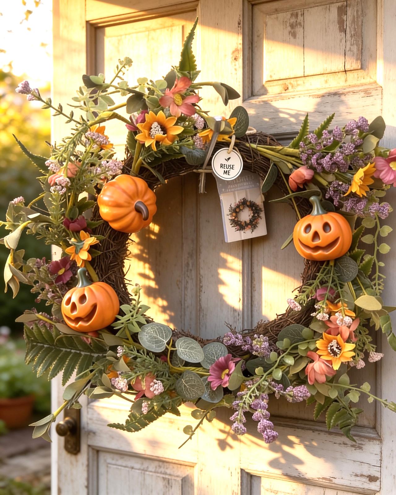 Cadılar Bayramı Balkabaklı Kapı Süsü 50 cm – Halloween Dekoratif Çelenk Kapı Süsü
